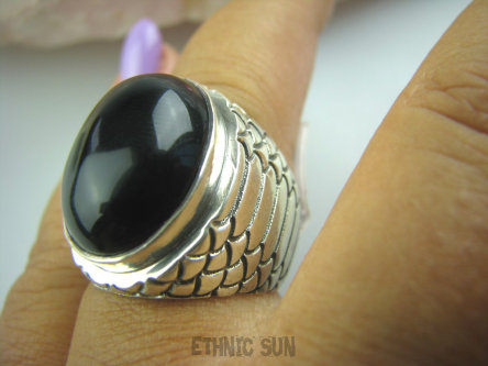 bpe5035 BAŚNIOWY KLEJNOT - Piękny Pierścień Onyks -  regeneruje SERCE, EGZEMY, PAMIĘĆ zdobiona obrączka r.21/ r.22 Srebro 925 #