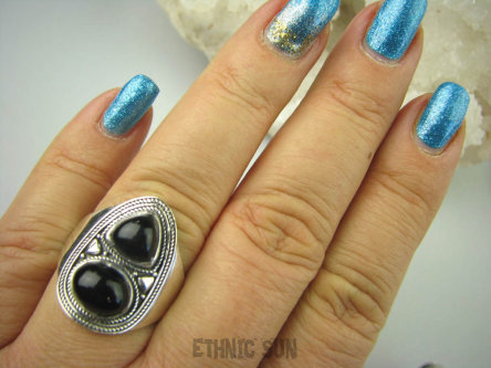 bpe6526 Biżuteria Orientalna - Delikatny OKAZ Pierścień czarny Onyks - regeneruje SERCE, EGZEMY, PAMIĘĆ r.19 Srebro 925 #