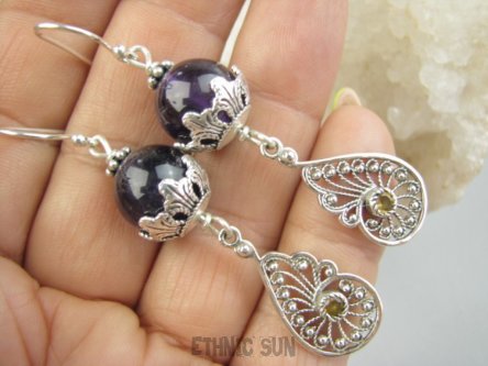 bkee1179 Ależ piękny wzór Długie 6 cm Lekkie 11g Długie 6 cm Piękne Ażurowe Kolczyki Fioletowy Ametyst, Cytryny Srebro 925