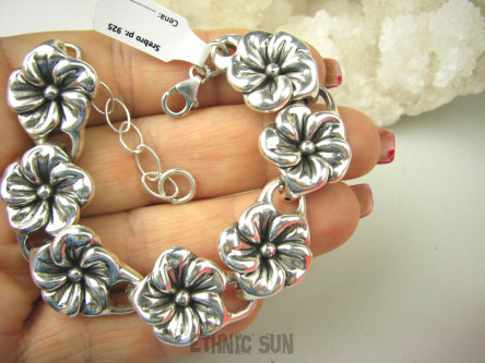 bb3596 Dmuchane srebro Fantastyczna Duża wygodna śliczna Lśniąca Bransoleta regulacja 17 - 21.5cm Kwiaty 7 sztuk Bransoletka cała ze Srebra 925 #