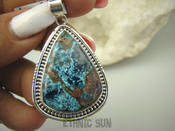 bwe3331 Piękny Egzotyczny Duży Wisior naturalny Niebiesko Granatowo Brązowy AZURYT zdobione Srebro 925 #