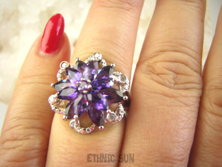 bpee4145 BOSKO PIĘKNA GWIAZDA WIECZORU Pierścień Pierścionek naturalne Ametysty, Ametyst oraz Cyrkonie r.16 SREBRO RODOWANE 925 #