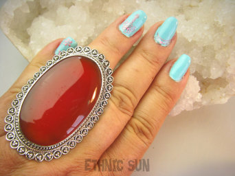 bpe9180 OLBRZYM 28 gramów !! Front 5.7 cm / 3.6 cm ! Egzotyczny Duży Regulowany Pierścień Pierścionek CZERWONY ONYKS regeneruje SERCE, EGZEMY, PAMIĘĆ r.17, r.18, r.19, r.20, r.21, r.22 Srebro 925 #