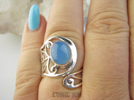 bpe9343 Artystyczny Ażurowy Regulowany Pierścień Pierścionek Chalcedon r.14, r.15, r.16 szeroka obrączka Srebro 925