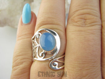 bpe9343 Artystyczny Ażurowy Regulowany Pierścień Pierścionek Chalcedon r.14, r.15, r.16 szeroka obrączka Srebro 925