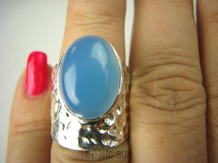 bpe6843 BŁĘKITNY ARTYSTA !!! Orientalny DUŻY Masywny Pierścień Błękitny Chalcedon r.13 mały rozmiar szeroka obrączka Srebro 925 #