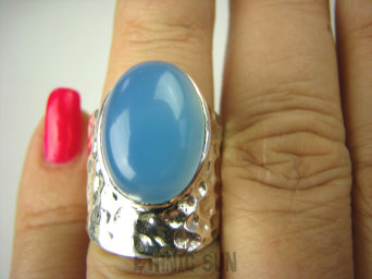 bpe6843 BŁĘKITNY ARTYSTA !!! Orientalny DUŻY Masywny Pierścień Błękitny Chalcedon r.13 mały rozmiar szeroka obrączka Srebro 925 #