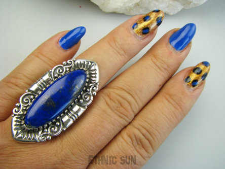 bpe9672 HRABIA BAŚNIOWY KLEJNOT - Piękny Długi 4.7 cm 18g Pierścień Pierścionek Lapis Lazuli straznik prawdy i mądrości r.18 Srebro 925 #