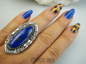 bpe9672 HRABIA BAŚNIOWY KLEJNOT - Piękny Długi 4.7 cm 18g Pierścień Pierścionek Lapis Lazuli straznik prawdy i mądrości r.18 Srebro 925 #