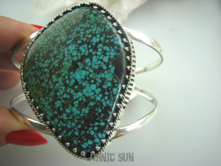 bb2020 GIGANT XXXL!!! BOSKO PIEKNA Ogromna 45 gramów Otwarta Bangla BRANSOLETA z OGROMNYM turkusowy Turkusem co za OKAZ Turkus Turkusy Srebro 925 #