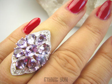 bpee4295 Długi Lśniący Pierścień Pierścionek naturalny Fioletowy Ametyst, oraz Cyrkonie r.17 SREBRO RODOWANE 925 #