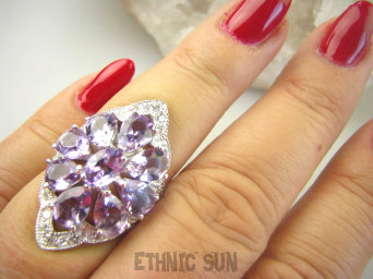 bpee4295 Długi Lśniący Pierścień Pierścionek naturalny Fioletowy Ametyst, oraz Cyrkonie r.17 SREBRO RODOWANE 925 #