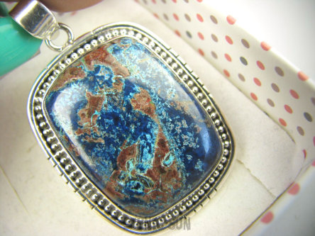 bwe3591 Piękny Egzotyczny Duży Wisior naturalny Niebiesko Granatowo Brązowy AZURYT zdobione Srebro 925 #