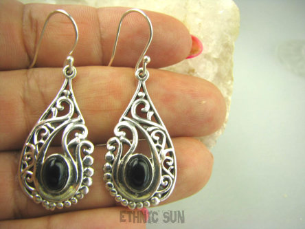 bke881 Orientalne Skarby !!! Ażurowe Lekkie Kolczyki Czarny Onyks (regeneruje SERCE, EGZEMY, PAMIĘĆ) w orientalnej oprawie Srebro 925