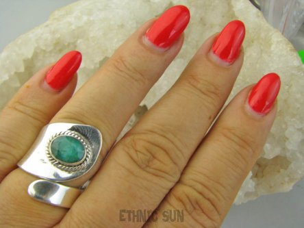 bpee4389 Szmaragdowy Artystyczny Regulowany Pierścień Pierścionek Szmaragd Indyjski Szmaragdy r.13, r.14, r.15, r.16, r.17, r.18 szeroka obrączka Srebro 925