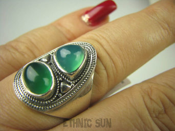 bpe6883 Biżuteria Orientalna - Delikatny OKAZ Pierścień Zielony Onyks - regeneruje SERCE, EGZEMY, PAMIĘĆ r.21/ r.22 Srebro 925 #