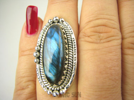 bpe8617 Piękny Orientalny Pierścień Pierścionek Granatowy Labradoryt Spektrolit - kamień Zorzy Polarnej r.15 Srebro 925 #