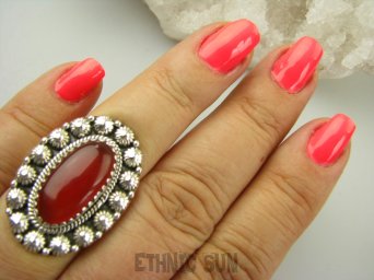 bpe9106 Piękny Egzotyczny Pierścień Pierścionek czerwony Onyks - regeneruje SERCE, EGZEMY, PAMIĘĆ r.15 Srebro 925 #