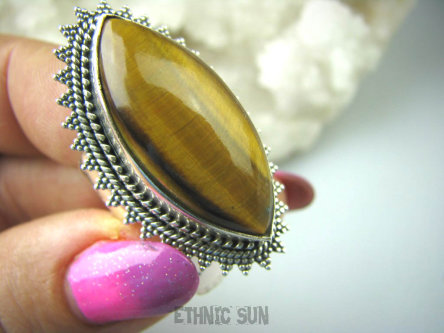 bpe5509 Duży aż 18 g Wspomaga Oczy Astma Krążenie i TRAWIENIE  !!!!  Orientalny Pierścień Tygrysie Oko r.14 / r.15 Srebro 925 #