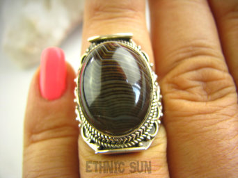 bpe3090 Niezwykły Pierścień UNIKAT Brązowo czekoladowy AGAT BRAZYLIJSKI w orientalnej oprawie r.14 Srebro 925 #