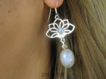 bke1218 Długie 6cm lekkie cudowne ażurowe kolczyki Kwiat Lotosu - talizman wiecznej młodości !!! Tak piękne ! Kolczyki Kamień Księżycowy SREBRO 925