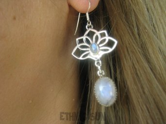 bke1218 Długie 6cm lekkie cudowne ażurowe kolczyki Kwiat Lotosu - talizman wiecznej młodości !!! Tak piękne ! Kolczyki Kamień Księżycowy SREBRO 925