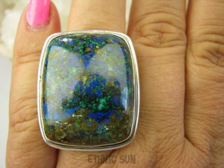 bpe8027 UFF  CO ZA PIĘKNOŚĆ  wielobarwny  GRUBAS Duży 20G Klasyczny Pierścień AZURYT Z CHRYZOKOLĄ RZADKOŚĆ - tyle barw - Piękny Kolor r.21 Srebro 925 #