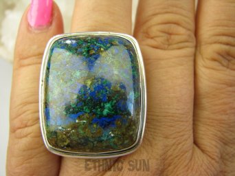 bpe8027 UFF  CO ZA PIĘKNOŚĆ  wielobarwny  GRUBAS Duży 20G Klasyczny Pierścień AZURYT Z CHRYZOKOLĄ RZADKOŚĆ - tyle barw - Piękny Kolor r.21 Srebro 925 #