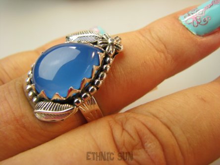 bpe9198 Piękny Egzotyczny Pierścień Pierścionek niebieski CHALCEDON czakra gardła (TARCZYCA) r.13 Srebro 925 #