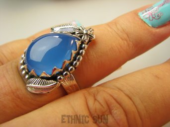 bpe9198 Piękny Egzotyczny Pierścień Pierścionek niebieski CHALCEDON czakra gardła (TARCZYCA) r.13 Srebro 925 #