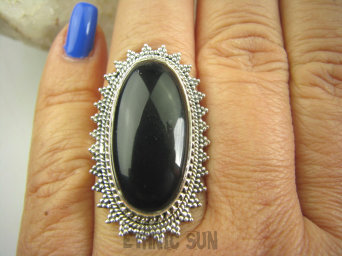 bpe7897 Piękny Egzotyczny pierścień czarny Onyks regeneruje SERCE, EGZEMY, PAMIĘĆ r.17 Srebro 925 #