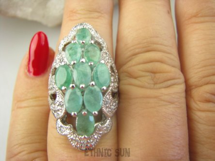 bpee4106 Długi Lśniący Pierścień Pierścionek ze Szamaragdami Szmaragd Birmański Szmaragdy oraz Cyrkonie r.13/ r.14 SREBRO RODOWANE 925 #