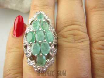 bpee4106 Długi Lśniący Pierścień Pierścionek ze Szamaragdami Szmaragd Birmański Szmaragdy oraz Cyrkonie r.13/ r.14 SREBRO RODOWANE 925 #