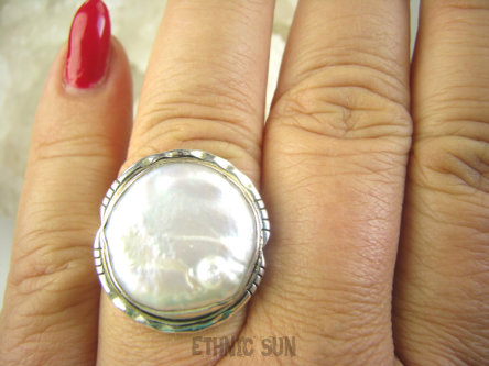 bpee4122 RARYTAS naturalna wielobarwna PERŁA BIWA Elegancki Pierścionek Pierścień z DUŻA perłą r.19 Srebro 925 #