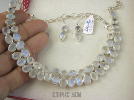 bn1606 LUX KOMPLET CUDO tęczowa Kolia  59g ! PODWÓJNY Regulowany Naszyjnik i Kolczyki szlifowany Kamień Księżycowy Srebro 925 #