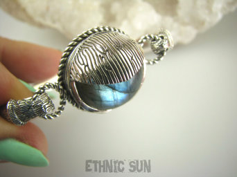 bb3720 NOWOŚĆ !!! Pięknie zdobiona OTWIERANA BRANSOLETA 32 g Bransoletka Bangla z możliwością odpinania na szczuple dłonie Labradoryt Spektrolit Srebro 925 #