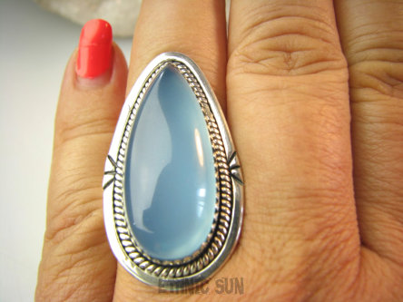 bpe9164 Błękitne Cacko Niebieski WSPANIAŁY Długi Duży Okaz Pierścień Pierścionek CHALCEDON (TARCZYCA) r.18 Srebro 925 #