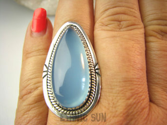 bpe9164 Błękitne Cacko Niebieski WSPANIAŁY Długi Duży Okaz Pierścień Pierścionek CHALCEDON (TARCZYCA) r.18 Srebro 925 #