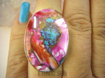 bpe8508 Boski Wielobarwny OKAZ Pierścień Pierścionek OSTRYGOWY TURKUS MIEDZIANY Mojave OSTRYGA Muszla złota MIEDZ r.14 Srebro 925 #