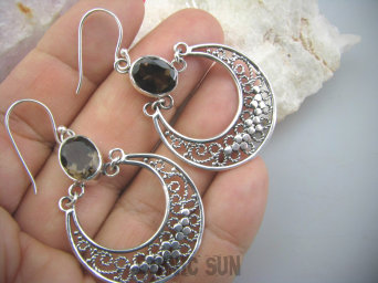 bkee772 Duże długie 5,7 cm szerokie Ażurowe Przepiękne orientalne Kolczyki Kwarc Dymny - KAMIEŃ ANTYSTRESOWY I USPOKAJAJĄCY Srebro 925 