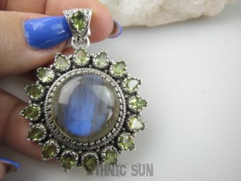 bwee2332 Egzotyczne Słońce !!! DUŻY 20 gramów LUKSUSOWY Kunsztowny Wisior Labradoryt Spektrolit Oliwin Perydot Oliwiny Srebro 925 #