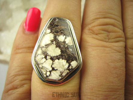 bpe6450 Niespotykany PIERŚCIEŃ JASPIS BREKCJA - KOMPOZYCJA BRĄZU I BIELI r.15/ r.16 Srebro 925 #