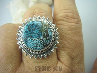 bpe5365 Turkusowe słońce  Pierścień NATURALNY BŁĘKITNO NIEBIESKI TURKUS - opiekun ciała i duszy r.21 pięknie zdobione Srebro 925 #
