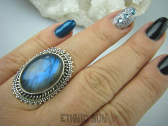 bpe5452 Biżuteria Egzotyczna - Piękny Czarodziej Orientalny Pierścień Labradoryt Spektrolit - kamień Zorzy Polarnej r.16 Srebro 925 #
