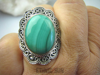 bpe5949 Piękność  zielony MALACHIT W KORONKACH !!!! Baśniowo Piękny DUŻY 3,1 cm Pierścień z Malachitem zielony MALACHIT r.17/ r.18 Srebro 925 #