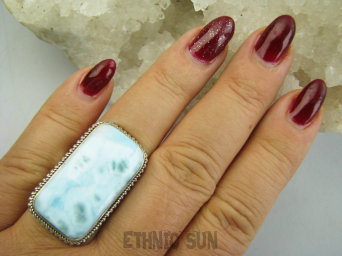 bpe9621 Anielski Prostokąt 17g !!!  Pierścień Pierścionek Rzadki Larimar ( kamień Anielski ) - stawy, serce lęki, otwiera czakrę gardła r.19 Srebro 925 #