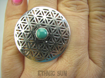 bpe4339 Obracający się KWIAT ŻYCIA - SILNY AMULET OCHRONNY !!!! Ażurowy Pierścień Turkus Turkusy  r.18 SREBRO 925 #