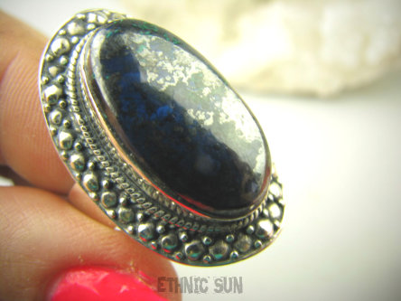 bpe8801 ALE PIĘKNY Niezwykły Dotyk Natury Wielobarwny CUD NATURY 15g Okaz Pierścień naturalna CHRYZOKOLA I AZURYT r.19/ r.20 Srebro 925 #