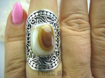 bpe5240 EGZOTYCZNY KLEJNOT - Piękny Duży Pierścień Agat Brazylijski - Amulet chroniący zdrowie i życie r.15 SZEROKA OBRĄCZKA Srebro 925 #