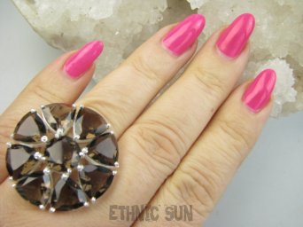 bpee4513 Piekny czekoladowy Wooow BOSKO PIĘKNY DUŻY 16g !! OKAZ Regulowany Pierścień Pierścionek naturalny Kwarc Dymny r.14, r.15, r.16, r.17 SREBRO 925 #